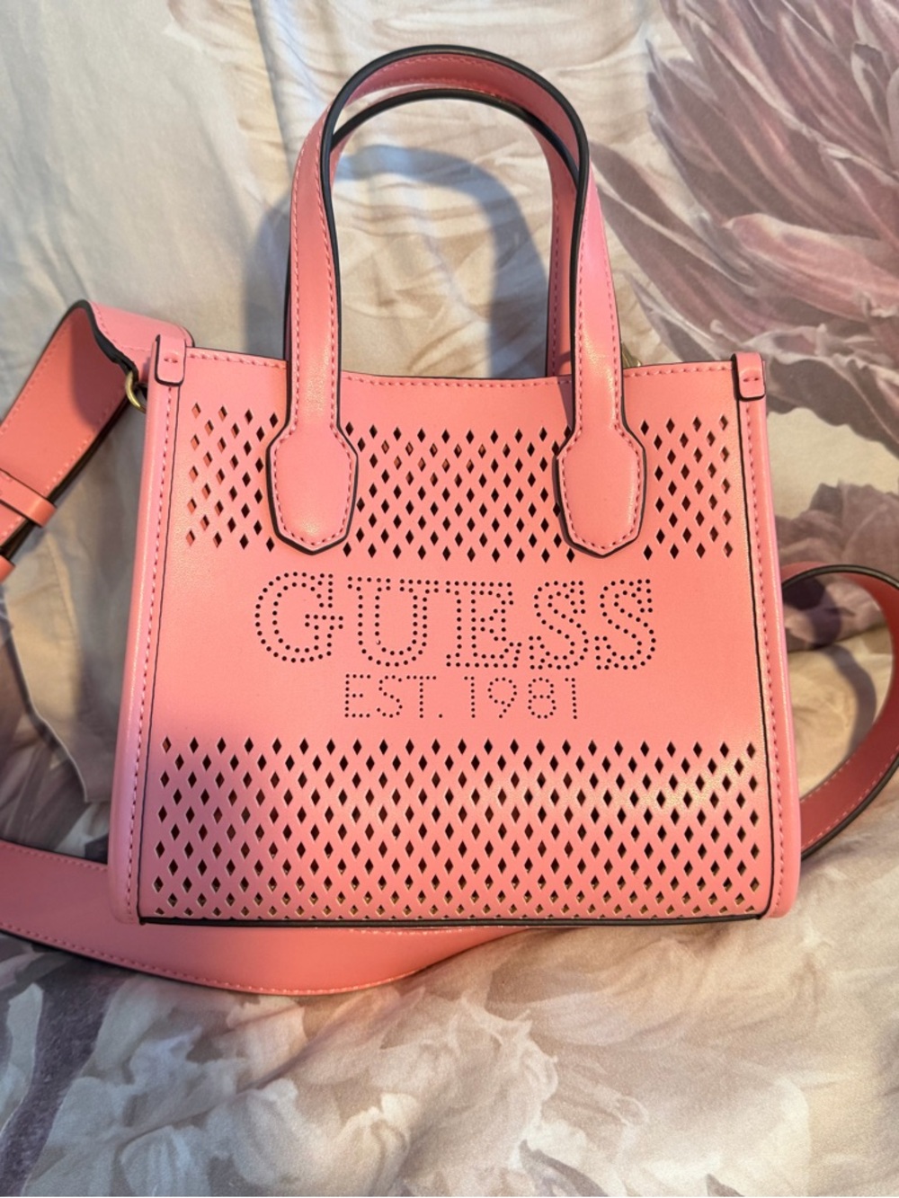 GUESS Pink Perforated Crossbody Mini Tote - Picture 2 of 4